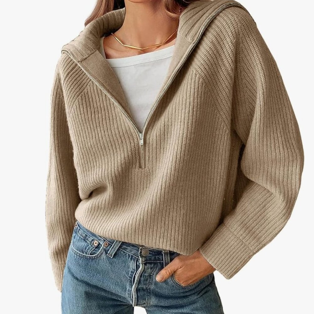 BTFBM Womens Sweaters Quarter Zip Pullover V Neck Collar Long Sleeve Ribbed Knit